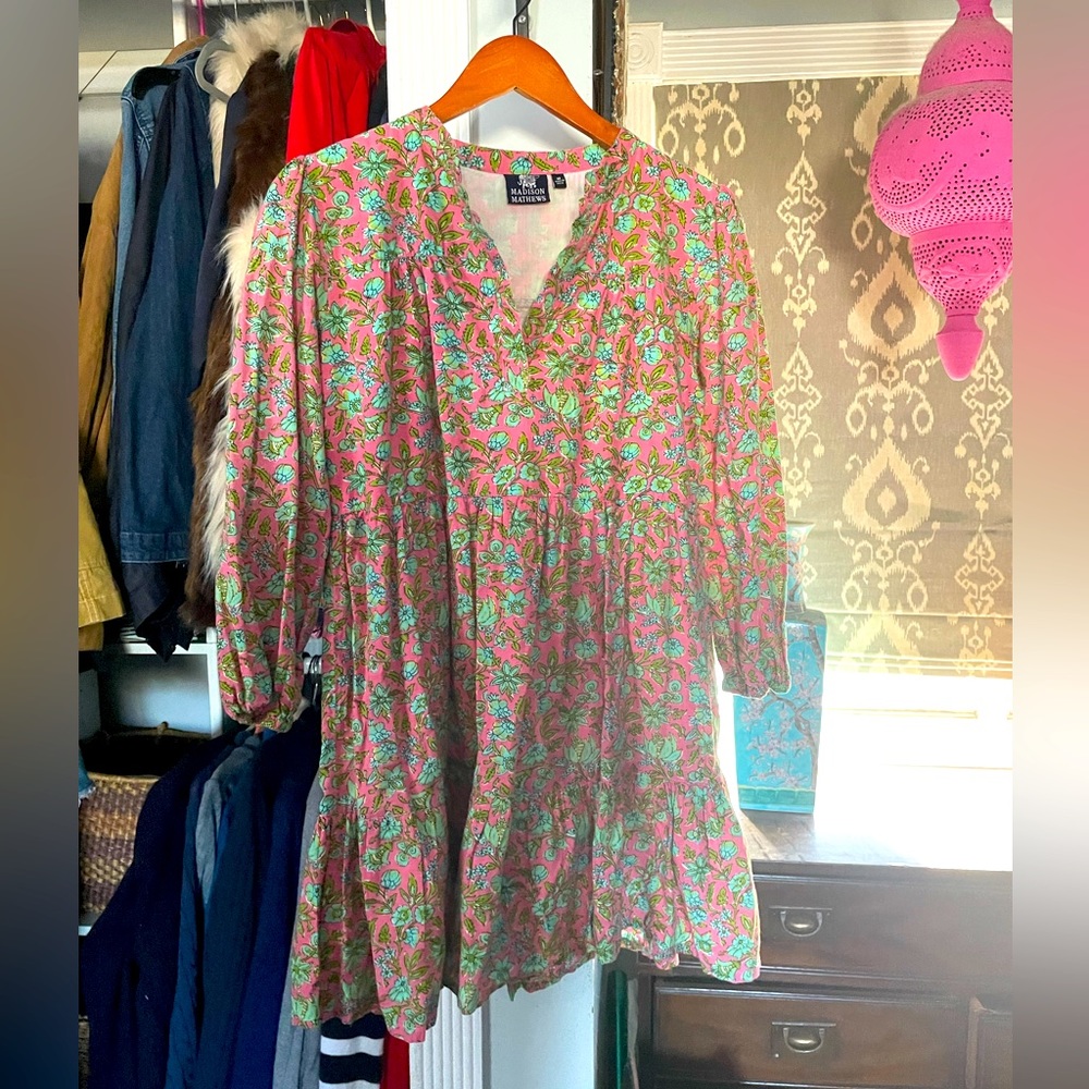 Madison Matthews mini folly dress in pink handblocked print perfect Easter dress
